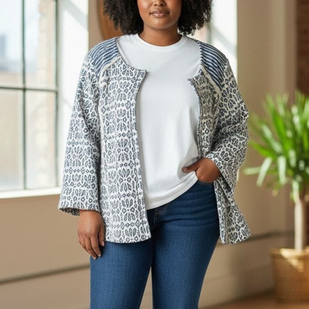 NEW Lucky Brand Lightweight Jacket Plus Size 3X Blue Cream Print Striped